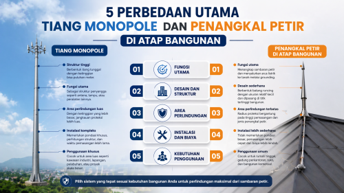 5 Perbedaan Utama Tiang Monopole dan Penangkal Petir di Atap Bangunan