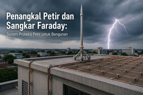 Penangkal Petir dan Sangkar Faraday: Sistem Proteksi Petir untuk Bangunan

Petir merupakan fenomena alam yang memiliki energi sangat besar dan dapat menimbulkan berbagai risiko terhadap bangunan, peralatan elektronik, maupun keselamatan manusia. Sambaran petir dapat menyebabkan kebakaran, kerusakan instalasi listrik, gangguan perangkat elektronik, hingga kerusakan struktural pada bangunan. Oleh karena itu, sistem proteksi petir diperlukan terutama pada bangunan yang memiliki tingkat risiko sambaran petir cukup tinggi.

Salah satu konsep proteksi yang banyak digunakan dalam perlindungan bangunan adalah kombinasi antara penangkal petir dan sangkar Faraday. Keduanya memiliki prinsip kerja yang saling berkaitan dalam mengendalikan arus petir agar dapat dialirkan melalui jalur yang telah dirancang menuju tanah.

Memahami hubungan antara penangkal petir dan sangkar Faraday penting bagi pemilik rumah, pengelola gedung, maupun perusahaan yang membutuhkan sistem proteksi petir yang terencana. Sistem proteksi bukan hanya mengenai pemasangan satu batang penangkal petir di atas bangunan, tetapi mencakup beberapa komponen yang harus bekerja sebagai satu kesatuan.

Apa Itu Penangkal Petir?

Penangkal petir merupakan sistem yang dirancang untuk memberikan perlindungan terhadap bangunan dari dampak sambaran petir. Secara umum, sistem ini menyediakan jalur konduktif yang memungkinkan arus petir dialirkan dari bagian atas bangunan menuju sistem pembumian atau grounding.

Sistem proteksi petir eksternal biasanya terdiri dari beberapa bagian utama, yaitu terminasi udara, penghantar penyalur atau down conductor, dan sistem pembumian. Ketiga bagian tersebut harus dirancang dengan baik agar arus petir dapat dialirkan menuju tanah dengan aman.

Pada bangunan sederhana, sistem terminasi udara dapat berupa batang konduktor yang ditempatkan pada titik tertentu di bagian atas bangunan. Sementara pada bangunan yang memiliki ukuran lebih besar atau bentuk yang kompleks, diperlukan perencanaan sistem proteksi yang lebih menyeluruh.

Tujuan utamanya bukan sekadar "menarik" petir, tetapi menyediakan jalur yang terkendali ketika terjadi sambaran sehingga risiko kerusakan terhadap bagian bangunan dapat diminimalkan.

Apa Itu Sangkar Faraday?

Sangkar Faraday atau Faraday cage merupakan konsep perlindungan menggunakan struktur konduktif yang mengelilingi atau membentuk jaringan pada suatu area. Ketika terjadi muatan listrik pada permukaan konduktor, distribusi muatan tersebut cenderung berada pada permukaan luar konduktor sehingga bagian dalam dapat memperoleh perlindungan dari medan listrik tertentu.

Dalam konteks proteksi petir, konsep sangkar Faraday diterapkan dengan membentuk jaringan penghantar pada bagian tertentu dari bangunan. Jaringan tersebut dapat terdiri dari konduktor horizontal dan vertikal yang saling terhubung serta tersambung ke sistem pembumian.

Dengan demikian, perlindungan bangunan tidak hanya mengandalkan satu titik terminasi udara. Area bangunan dapat memiliki beberapa jalur konduktif yang dirancang untuk membantu menangkap atau mengalirkan arus sambaran petir melalui jalur yang aman.

Konsep ini sangat relevan untuk bangunan dengan area luas, bentuk yang kompleks, atau bangunan yang memiliki banyak bagian menonjol seperti antena, tangki, struktur logam, dan instalasi pada atap.

Hubungan Penangkal Petir dengan Sangkar Faraday

Penangkal petir dan sangkar Faraday bukanlah dua sistem yang harus selalu dipilih salah satunya. Dalam perencanaan proteksi petir, konsep sangkar Faraday dapat menjadi bagian dari sistem proteksi eksternal bangunan.

Penangkal Petir dan Sangkar Faraday: Sistem Proteksi Petir untuk Bangunan pada dasarnya menggabungkan prinsip terminasi udara, penghantar penyalur, dan pembumian dengan jaringan konduktif yang ditempatkan untuk melindungi area bangunan.

Pada sistem yang menggunakan konsep sangkar Faraday, konduktor dipasang mengikuti bagian tertentu dari bangunan. Konduktor tersebut kemudian dihubungkan dengan down conductor yang mengarah ke grounding.

Ketika terjadi sambaran, arus petir akan memiliki jalur konduktif yang telah disiapkan. Dengan desain yang tepat, arus tidak dibiarkan mencari jalur secara acak melalui material bangunan, instalasi listrik, atau komponen lain yang berpotensi mengalami kerusakan.

Komponen Utama Sistem Proteksi Petir

Agar sistem bekerja secara optimal, terdapat beberapa komponen yang perlu diperhatikan.

1. Terminasi Udara

Terminasi udara merupakan bagian sistem yang ditempatkan pada area paling atas atau titik yang berpotensi menjadi lokasi sambaran. Bentuknya dapat berupa batang konduktor, jaringan konduktor, atau konfigurasi lain sesuai metode perancangan yang digunakan.

Pada konsep sangkar Faraday, terminasi udara dapat berupa jaringan penghantar yang membentuk mesh pada area atap.

2. Down Conductor

Down conductor berfungsi sebagai jalur penghantar arus petir dari terminasi udara menuju sistem grounding.

Pemilihan jenis dan ukuran konduktor harus mempertimbangkan kemampuan penghantar dalam menghadapi arus petir serta kondisi instalasi di lapangan. Jalur penghantar juga perlu dirancang sependek dan selurus mungkin dengan meminimalkan tikungan tajam.

3. Grounding System

Grounding merupakan bagian yang sangat penting karena berfungsi mengalirkan energi listrik ke dalam tanah.

Kualitas grounding tidak hanya ditentukan oleh jumlah elektroda, tetapi juga dipengaruhi oleh kondisi tanah, jenis elektroda, kedalaman pemasangan, konfigurasi sistem, serta karakteristik lokasi.

Pengukuran tahanan pembumian perlu dilakukan menggunakan alat ukur yang sesuai setelah sistem grounding selesai dipasang. Nilai hasil pengukuran kemudian dapat digunakan untuk mengevaluasi apakah sistem pembumian telah memenuhi persyaratan teknis yang ditetapkan dalam perencanaan.

4. Bonding

Bonding digunakan untuk menghubungkan bagian-bagian logam tertentu agar tidak terjadi perbedaan potensial yang berbahaya ketika terjadi sambaran petir.

Struktur baja, railing, pipa logam, tangki, dan komponen logam lainnya dapat menjadi bagian yang perlu diperhatikan dalam perencanaan sistem proteksi, tergantung pada kondisi dan desain bangunan.

Bagaimana Sangkar Faraday Melindungi Bangunan?

Prinsip perlindungan sangkar Faraday dapat dipahami melalui jaringan penghantar yang membentuk suatu area perlindungan.

Misalnya, sebuah gedung memiliki atap yang cukup luas. Daripada hanya memasang satu titik terminasi udara, sistem dapat dirancang menggunakan beberapa penghantar yang membentuk jaringan di area atap. Jaringan tersebut kemudian dihubungkan ke beberapa jalur down conductor.

Ketika terjadi sambaran petir pada area yang terlindungi, sistem konduktor menyediakan jalur bagi arus untuk menuju grounding. Dengan adanya beberapa jalur konduktif, arus dapat dialirkan melalui sistem yang telah dirancang daripada melewati bagian bangunan secara tidak terkendali.

Namun, sangkar Faraday tidak berarti bangunan menjadi sepenuhnya kebal terhadap semua efek petir. Sistem tetap harus dirancang secara menyeluruh, termasuk mempertimbangkan sambaran langsung, tegangan induksi, beda potensial, serta kemungkinan masuknya surja melalui jaringan listrik dan komunikasi.

Mengapa Grounding Sangat Penting?

Grounding merupakan salah satu bagian paling penting dalam sistem proteksi petir. Terminasi udara dan down conductor tidak akan memberikan hasil optimal jika sistem pembumian tidak dirancang dengan baik.

Grounding bertugas menyediakan jalur untuk melepaskan energi arus petir ke dalam tanah. Karena itu, kondisi tanah dan karakteristik elektroda harus diperhitungkan dalam proses instalasi.

Setelah pemasangan selesai, pengukuran grounding perlu dilakukan untuk mengetahui nilai tahanan pembumian aktual. Hasil pengukuran juga dapat menjadi bagian dari dokumentasi pemeriksaan dan pemeliharaan sistem.

Perlu dipahami bahwa angka tahanan grounding bukan satu-satunya faktor yang menentukan kualitas proteksi petir. Konfigurasi penghantar, bonding, jalur down conductor, jenis terminasi udara, dan koordinasi dengan sistem proteksi internal juga perlu diperhatikan.

Proteksi Eksternal dan Internal

Sistem proteksi petir pada bangunan idealnya tidak hanya memperhatikan perlindungan eksternal.

Proteksi eksternal berfungsi menghadapi sambaran langsung melalui terminasi udara, down conductor, dan grounding. Sementara itu, proteksi internal bertujuan mengurangi risiko kerusakan akibat surja atau perbedaan potensial yang dapat memengaruhi peralatan elektronik dan instalasi listrik.

Perangkat seperti surge protection device (SPD) dapat digunakan sebagai bagian dari proteksi internal sesuai hasil analisis dan kebutuhan instalasi.

Hal ini sangat penting pada bangunan modern karena sebagian besar fasilitas saat ini menggunakan perangkat elektronik seperti panel kontrol, CCTV, sistem alarm, komputer, jaringan komunikasi, server, dan perangkat otomatisasi.

Sistem eksternal yang baik tetap perlu dikombinasikan dengan perlindungan internal apabila kondisi bangunan dan hasil analisis risiko menunjukkan kebutuhan tersebut.

Apakah Sangkar Faraday Cocok untuk Semua Bangunan?

Tidak semua bangunan membutuhkan konfigurasi sangkar Faraday dengan desain yang sama. Kebutuhan sistem harus disesuaikan dengan karakteristik bangunan dan tingkat risiko petir.

Rumah tinggal dengan ukuran kecil tentu memiliki kebutuhan berbeda dibandingkan pabrik, gudang, gedung bertingkat, fasilitas telekomunikasi, atau bangunan dengan peralatan elektronik sensitif.

Beberapa faktor yang dapat dipertimbangkan antara lain ukuran dan tinggi bangunan, lokasi geografis, kondisi lingkungan sekitar, penggunaan bangunan, jumlah orang di dalam bangunan, keberadaan instalasi penting, material konstruksi, serta tingkat risiko yang dapat diterima.

Karena itu, pemasangan sistem proteksi petir sebaiknya diawali dengan survei dan perencanaan, bukan hanya menentukan jumlah batang penangkal petir berdasarkan luas bangunan.

Penangkal Petir Konvensional dan Sistem Elektrostatis

Dalam praktik di lapangan, sistem proteksi petir dapat menggunakan berbagai metode dan konfigurasi. Salah satu perbedaan yang sering ditanyakan pelanggan adalah sistem terminasi udara konvensional dan sistem ESE atau elektrostatis.

Sistem konvensional umumnya menggunakan beberapa terminasi udara yang ditempatkan berdasarkan metode perlindungan tertentu. Sementara sistem ESE menggunakan terminasi udara dengan teknologi tertentu yang dirancang untuk memberikan zona perlindungan berdasarkan parameter yang ditentukan oleh sistem tersebut.

Pemilihan sistem sebaiknya tidak hanya berdasarkan klaim radius perlindungan. Kondisi bangunan, metode perhitungan, konfigurasi sistem, standar yang digunakan, dan kebutuhan perlindungan harus menjadi pertimbangan utama.

Untuk bangunan yang membutuhkan perlindungan menyeluruh, konsep sangkar Faraday juga dapat menjadi pendekatan yang relevan, khususnya pada struktur dengan area luas atau bentuk atap yang kompleks.

Pentingnya Perencanaan dan Pemeriksaan Berkala

Sistem proteksi petir merupakan sistem keselamatan yang perlu diperiksa secara berkala. Kondisi instalasi dapat berubah akibat korosi, renovasi bangunan, perubahan jalur kabel, kerusakan mekanis, atau perubahan struktur.

Pemeriksaan dapat meliputi kondisi terminasi udara, sambungan konduktor, down conductor, bonding, grounding, serta perangkat proteksi internal apabila tersedia.

Pengukuran grounding juga penting dilakukan secara berkala untuk mengetahui kondisi sistem pembumian dari waktu ke waktu.

Apabila terdapat perubahan bangunan, seperti penambahan lantai, pemasangan tangki, antena, panel surya, struktur baja, atau peralatan di atas atap, sistem proteksi petir sebaiknya dievaluasi kembali.

Kesimpulan

Penangkal Petir dan Sangkar Faraday: Sistem Proteksi Petir untuk Bangunan merupakan konsep perlindungan yang menekankan pentingnya menyediakan jalur konduktif dan pembumian yang terencana untuk menghadapi risiko sambaran petir.

Penangkal petir tidak hanya berupa batang yang dipasang di atas bangunan. Sistem yang lengkap mencakup terminasi udara, down conductor, grounding, bonding, serta perlindungan internal apabila diperlukan.

Sangkar Faraday dapat digunakan sebagai salah satu pendekatan dalam sistem proteksi bangunan, terutama untuk bangunan yang membutuhkan cakupan perlindungan lebih menyeluruh. Namun, desain sistem harus disesuaikan dengan kondisi bangunan, tingkat risiko, struktur, lingkungan, serta standar teknis yang relevan.